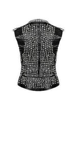 Women Leather Studded Vest, Handmade Woman Studded Leather Vest, Black Spike Belted Studs Zipper Brando Leather Vest Pocket made to order